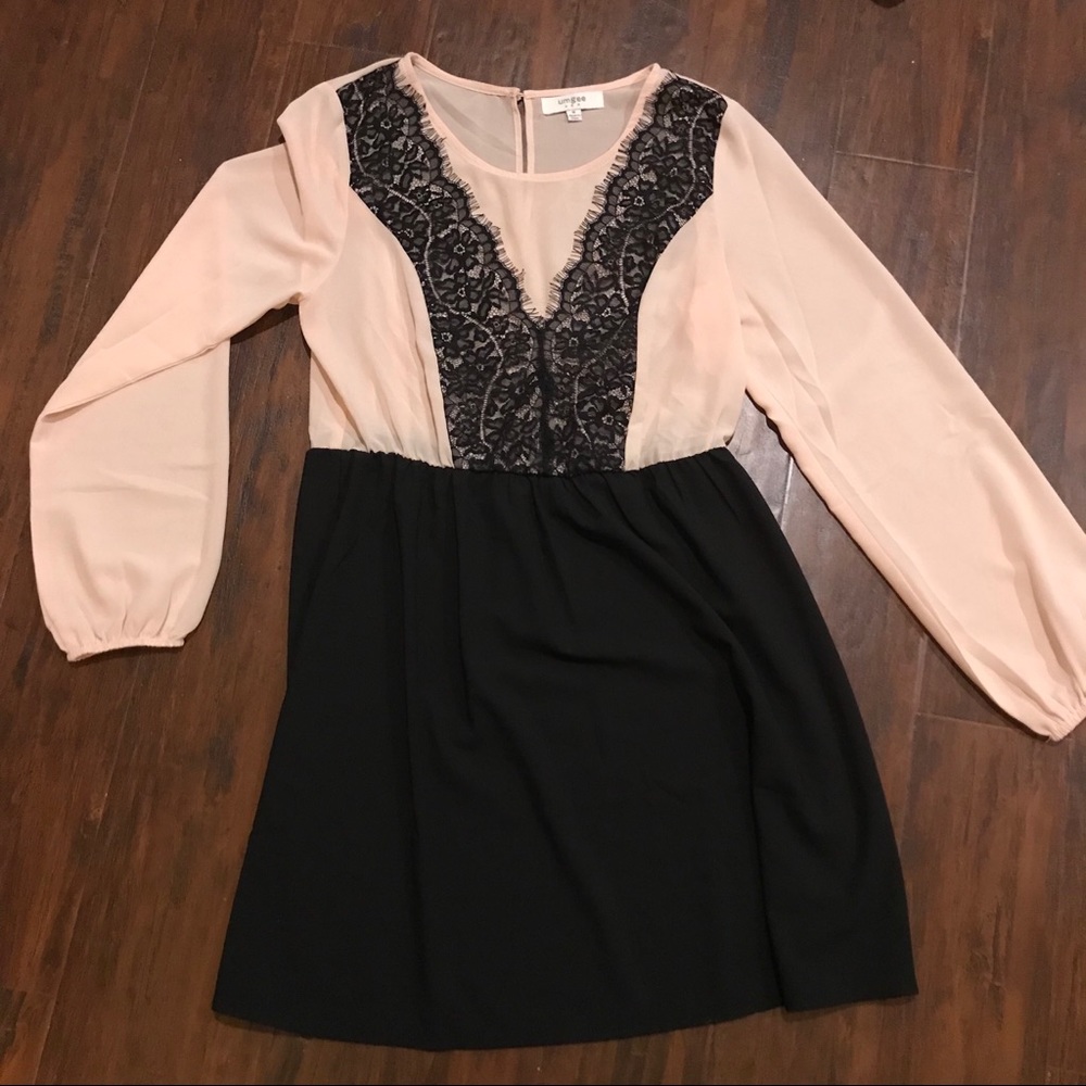 Blush and black lace dress